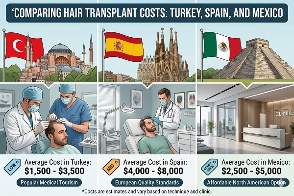 Comparing hair transplant costs Turkey, Spain, and Mexico