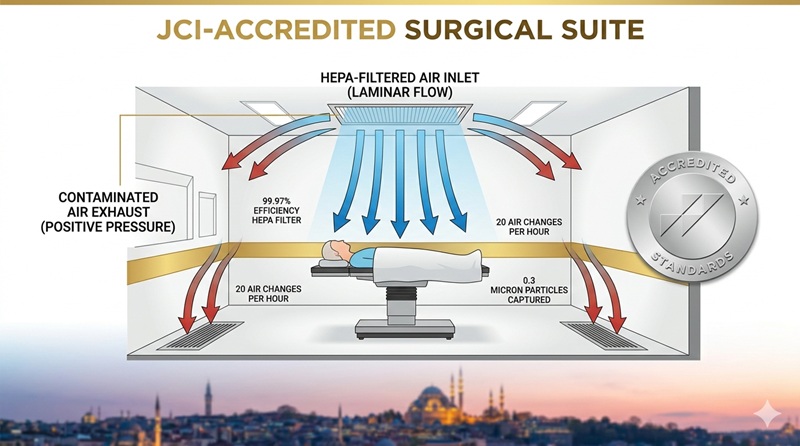 Diagrama de un sistema de flujo laminar y filtración HEPA en quirófanos acreditados por la JCI para prevenir infecciones en 2026.
