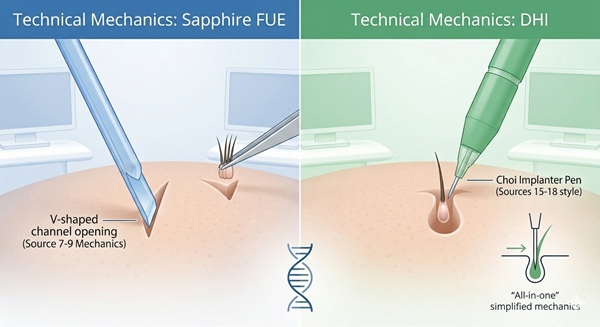 Sapphire FUE vs DHI technical mechanics comparative