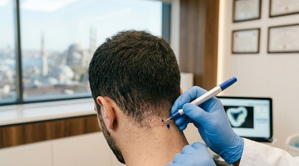 Close-up of microscopic FUE follicle extraction from the donor area, emphasizing precision.