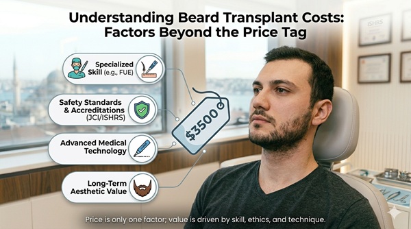 Infographic illustrating beard transplant cost factors beyond just the price tag. Features the same patient model and a modern Istanbul clinic background with blurred ISHRS certificates. A graphical overlay breaks down cost-to-value: 'Specialized Skill (e.g., FUE)', 'Safety Standards & Accreditations (JCI/ISHRS)', 'Advanced Medical Technology', and 'Long-Term Aesthetic Value'. Icons and descriptive bubbles explain the long-term value against a secondary monetary price tag. Perfect for educational and medical guide content