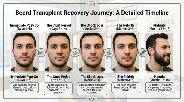 Infographic timeline of the beard transplant recovery process, featuring five stages with the same patient: Phase 1 (Days 1–5, Immediate Post-Op showing design lines and mild swelling), Phase 2 (Days 6–14, The Crust Period with detailed crust texture), Phase 3 (Weeks 2–4, The Shock Loss showing natural shedding), Phase 4 (Months 3–6, The Rebirth with fine hairs), and Phase 5 (Months 12–18, Maturity displaying a full, natural beard). Each stage includes icons for care instructions.