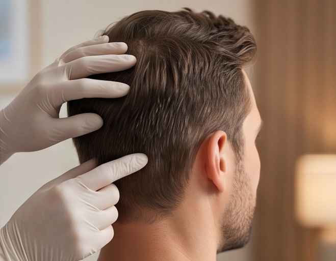 A trichologist with medical gloves examining a patient's donor area scalp before a hair restoration surgery