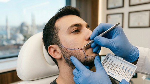 Surgeon planning the natural hair growth angles for a beard transplant using a precision marking tool in Istanbul