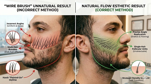 Educational split-screen infographic comparing an unnatural beard transplant result ('The Wire Brush', left) with a natural, esthetic outcome ('The Natural Flow', right). The left diagram shows follicles implanted in multi-hair bundles at steep, uniform, unnatural angles. The right diagram shows precise single follicular units replicating shallow, complex, multi-directional growth angles flatness to the skin, and a strategic density gradient. Annotations in red (left) and green (right) highlight technical details of each method, set in a blurred Istanbul clinic background.