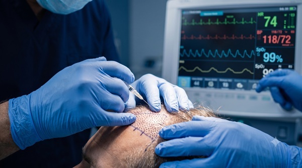 Detailed close-up of a masked surgeon in gloves carefully injecting local anesthesia into a marked scalp area, with an active medical monitoring screen showing stable vital signs in the background.