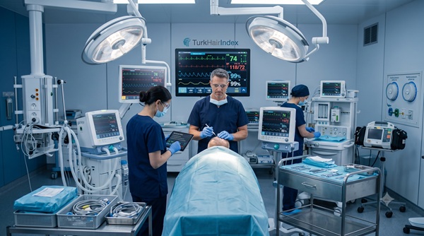 Wide-angle clinical photograph of a sterile, state-of-the-art operating room, showing the lead surgeon, assistants, and all advanced hospital-grade vital monitoring screens active, emphasizing standard surgical safety infrastructure.