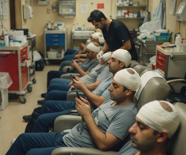 Photograph of a busy, factory-style waiting room packed with patients post-hair transplant surgery, representing a high-volume clinic model.