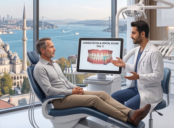 A patient and dentist discussing 3D digital dental scans during a consultation in a modern Istanbul clinic with a Bosphorus view.