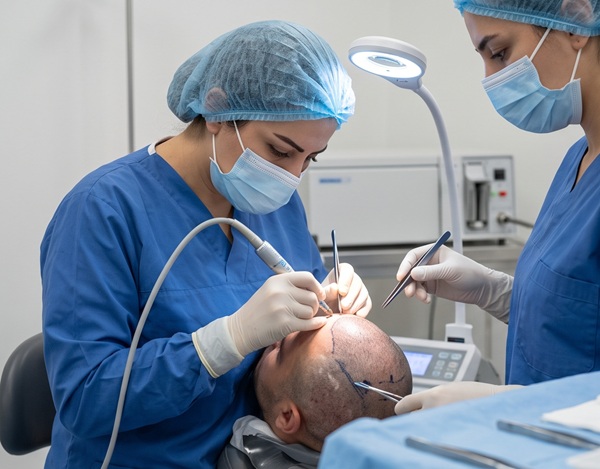 Close-up photograph of a technician team performing follicular unit extraction (FUE) with precision tools on a patient's donor area