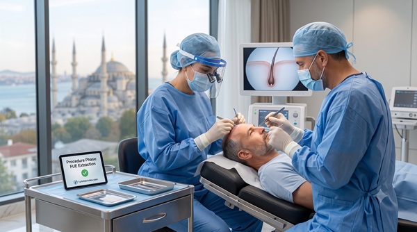 Two surgeons performing a precise FUE hair transplant procedure in a modern, sterile operating room with a blurred view of Istanbul in the background.