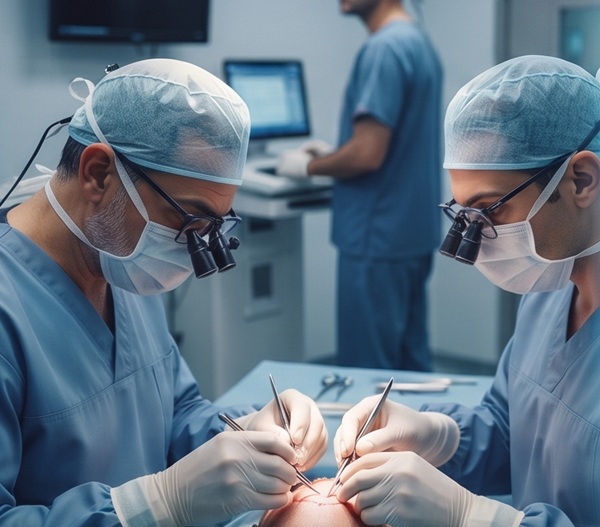 Candid photo showing medical technicians conducting a hair transplant procedure without direct surgeon supervision in an Istanbul clinic.