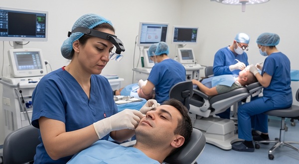 A medium-wide shot of a large operating room in a Turkish clinic, showing three separate technician teams working simultaneously on different reclining patients