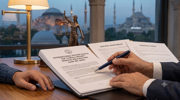 Close-up of a Turkish med-law expert pointing to surgical credentials in a detailed service agreement for an international patient.