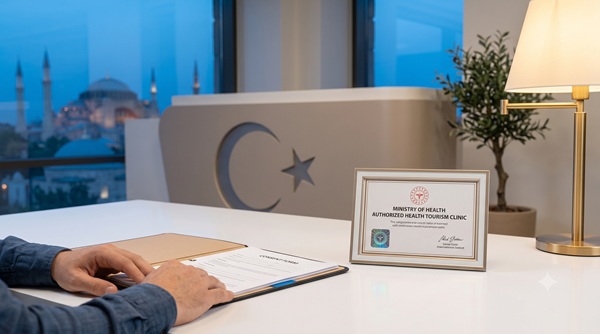 Official Ministry of Health authorization certificate for international health tourism displayed in a certified Turkish clinic.