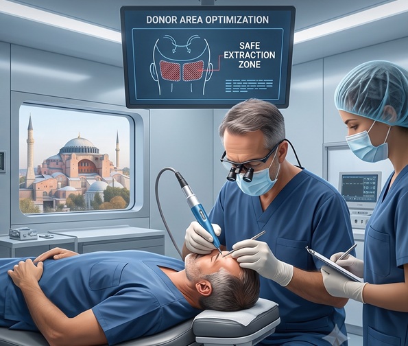 Surgeons performing a precise FUE hair transplant procedure in a sterile operating room with the Hagia Sophia visible outside.