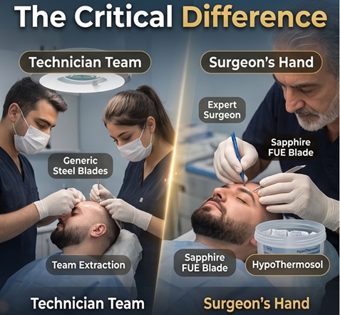 Comparison showing standard technicians using generic steel blades versus an expert surgeon using Sapphire FUE blades and HypoThermosol solution