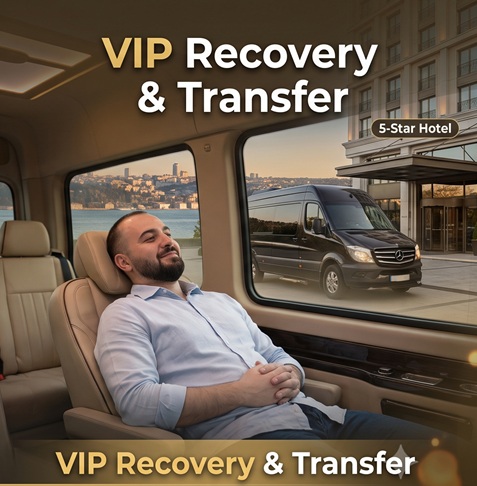 A relaxed hair transplant patient resting inside a premium Mercedes VIP transfer van with a 5-star hotel in the background.