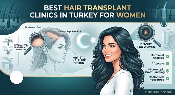 Infographic highlighting top hair transplant clinics in Turkey for women, featuring Unshaved DHI, Sapphire FUE, hairline design, and female density analysis
