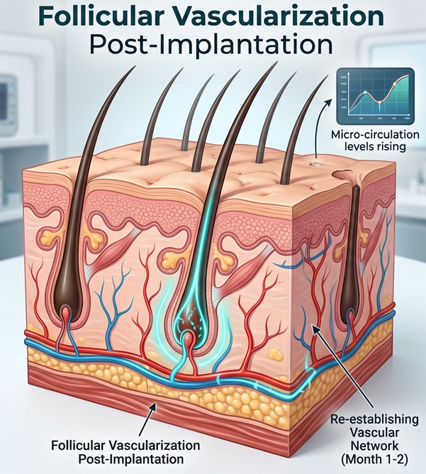 Medical cross-section diagram showing hair follicle root vascularization and blood supply re-establishment after hair transplant surgery