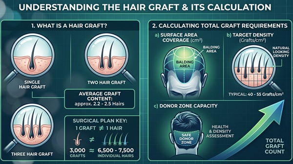 Infographic explaining hair graft anatomy, follicle counts, and surgical calculation variables including surface area, density, and donor zone capacity
