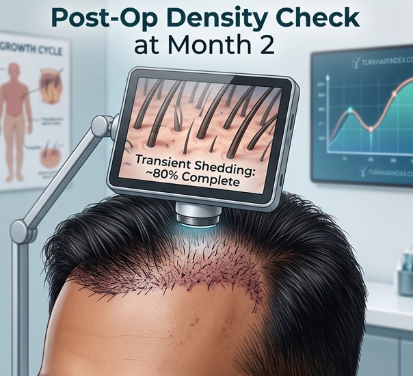 Trichoscopy camera examining a patient's scalp hairline showing transient shedding and hair density check at month 2