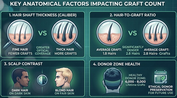 Infographic illustrating anatomical factors impacting hair graft calculation: hair caliber, hair-to-graft ratio, scalp contrast, and donor area capacity.