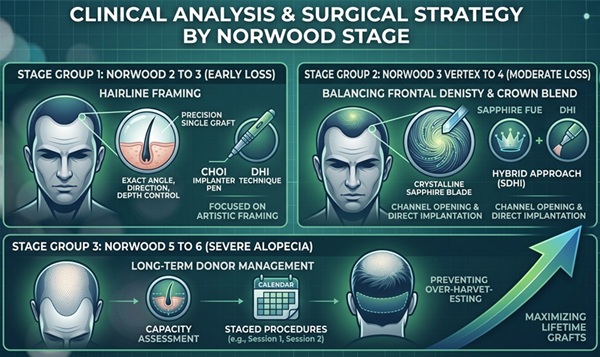 Technical infographic illustrating hair transplant surgical strategy by Norwood stage: detailing DHI hairline framing, Sapphire FUE hybrid approaches, and long-term donor management for advanced loss.