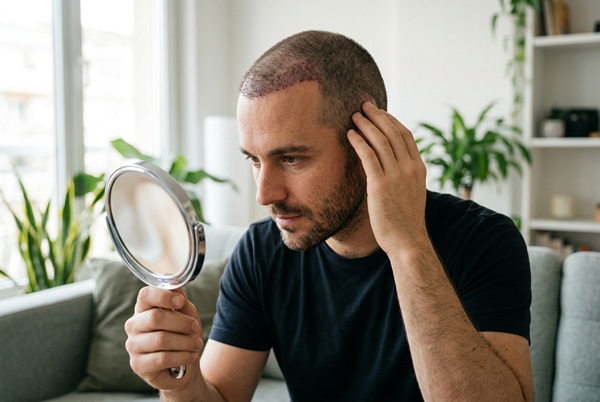 Patient inspecting his scalp in a hand mirror 15 days after hair transplant in Turkey