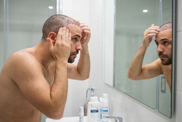 Man washing his hair gently in front of a mirror 15 days after a hair transplant in Turkey