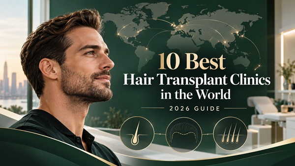 10 best hair transplant clinics in the world in 2026, featuring a world map, natural hairline and hair restoration illustrations