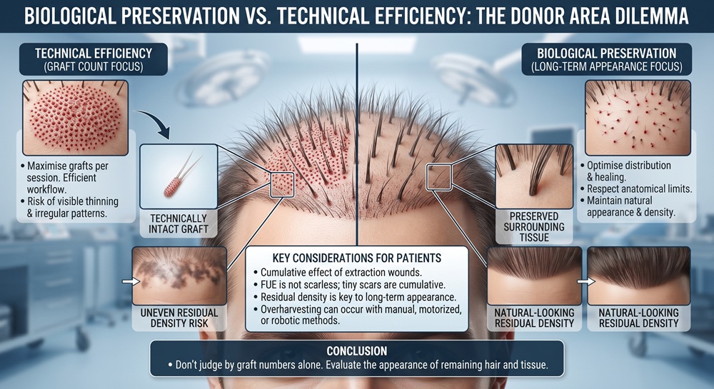 Infographic comparing technical efficiency and biological preservation in FUE hair transplantation. The image highlights that overharvesting can occur with any method, contrasts graft-count focus with long-term donor appearance, and emphasizes evaluating residual density and natural distribution rather than graft numbers alone