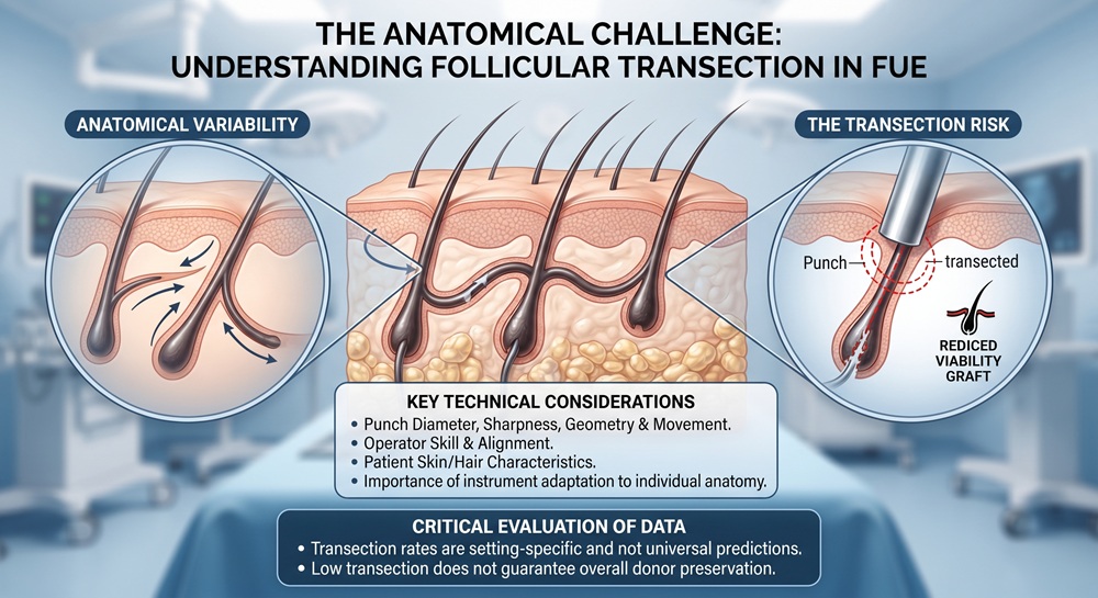 Infographic illustrating follicular transection in FUE hair transplantation. The image highlights the anatomical challenge of curving hair follicles beneath the skin, the risk of damage during punch extraction, and key technical considerations such as instrument geometry, alignment, and operator skill. It concludes by emphasizing the need for critical evaluation of data and that low transection rates do not guarantee overall donor preservation.