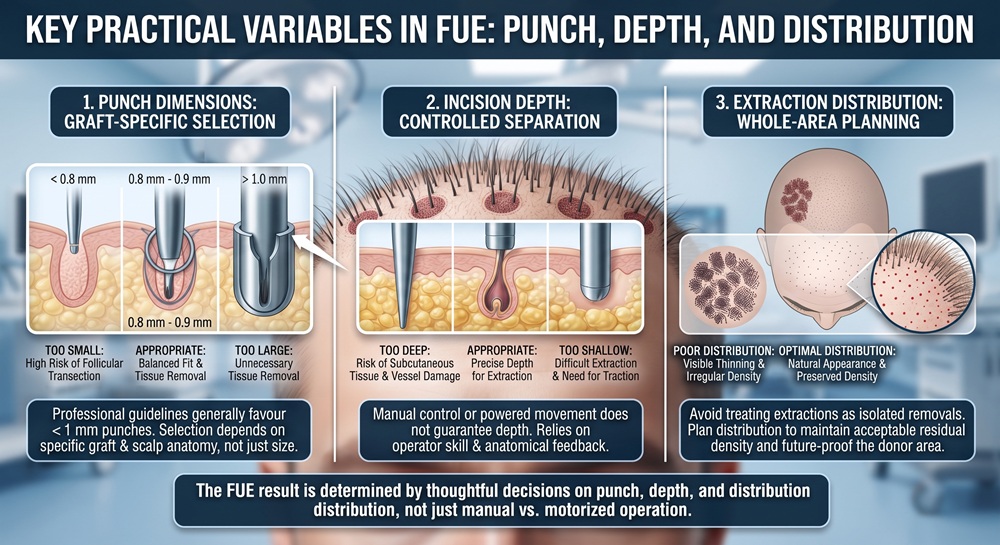 Infographic highlighting key practical variables in FUE hair transplantation: punch dimensions, incision depth, and overall extraction distribution across the donor area to prevent visible thinning