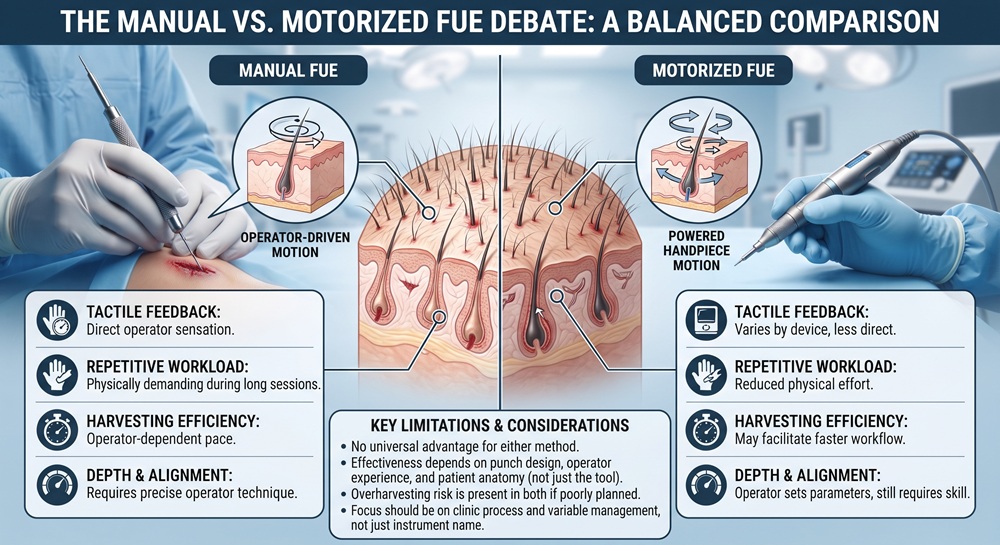 Infographic providing a balanced comparison between manual and motorized Follicular Unit Extraction (FUE) hair transplant methods, detailing differences in tactile feedback, workload, efficiency, and the critical limitations that make success dependent on operator skill and patient anatomy