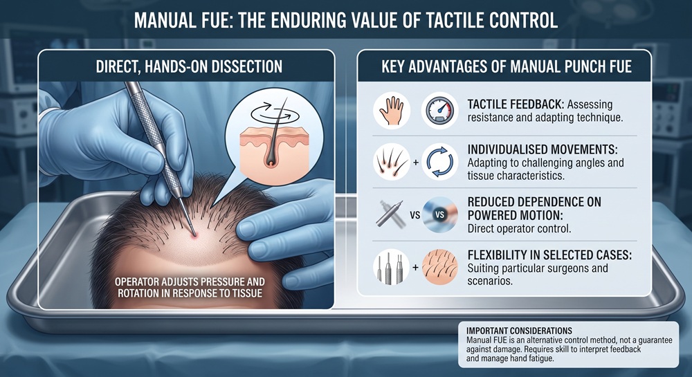 Infographic comparing manual Follicular Unit Extraction (FUE) to motorized methods, highlighting tactile feedback and individual dissection control as key advantages for surgeons. The image emphasizes that manual FUE is an alternative control method requiring skill, not a guarantee against graft damage, and notes considerations like hand fatigue.