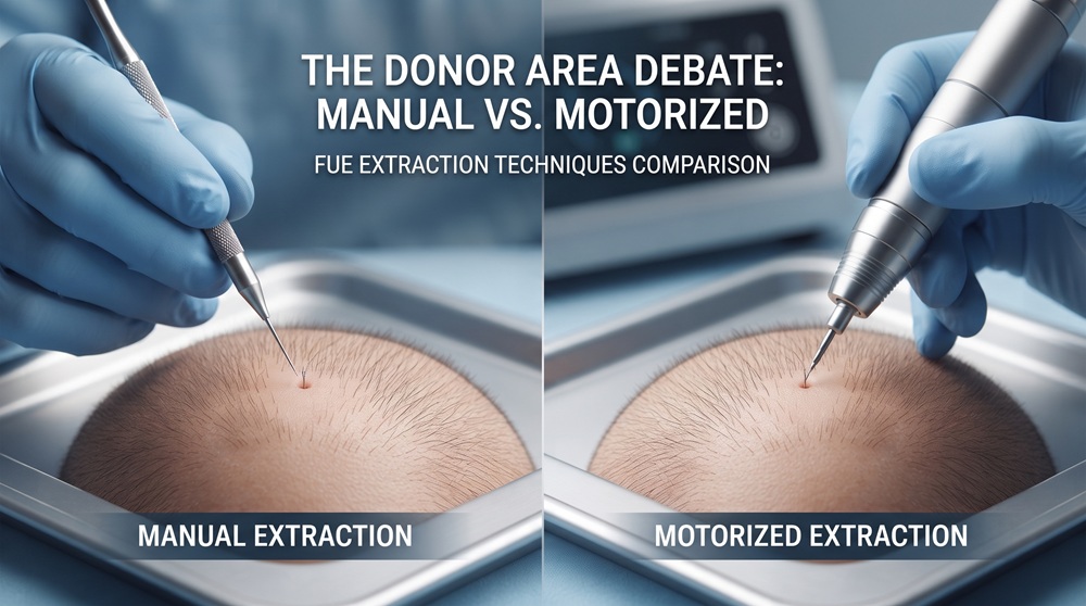 Comparison of FUE hair transplant extraction techniques showing manual punch versus motorized extraction in the donor area