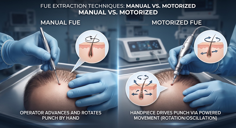 Diagram comparing manual FUE extraction where the operator rotates the punch by hand versus motorized FUE using a powered handpiece with rotation and oscillation