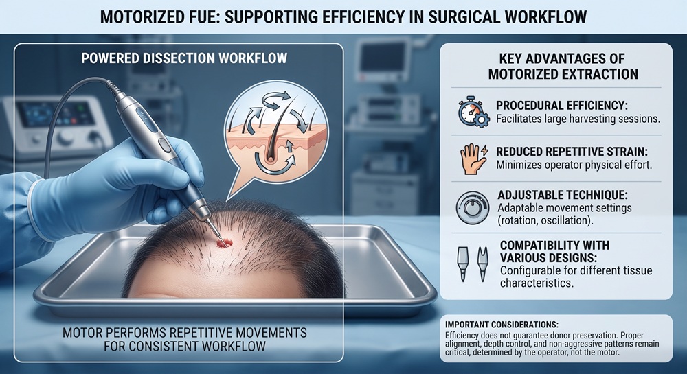 Infographic illustrating the advantages of motorized Follicular Unit Extraction (FUE) in hair transplantation. The image highlights improved procedural efficiency, reduced operator fatigue, adjustable techniques, and compatibility with various punch designs. It also emphasizes important considerations, noting that efficiency does not guarantee donor preservation, which depends on proper operator judgment