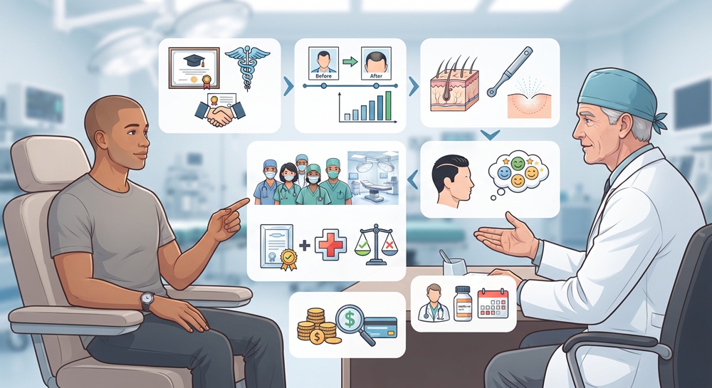Comprehensive infographic illustrating a consultation between a patient and a surgeon, featuring multiple icon clusters representing key questions to ask before choosing a clinic. The icons cover surgeon credentials, experience, procedure specifics, facility standards, patient testimonials, safety, cost, and aftercare