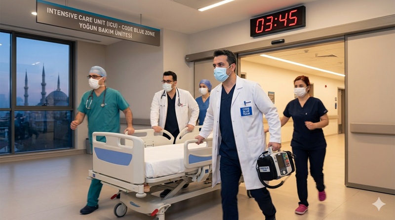 Équipe de réanimation hospitalière exécutant le protocole Code Bleu dans un hôpital JCI en Turquie en 2026.