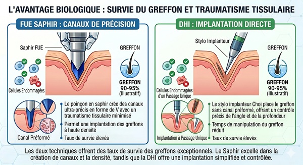 Comparatif de l'atout biologique entre FUE Saphir et DHI