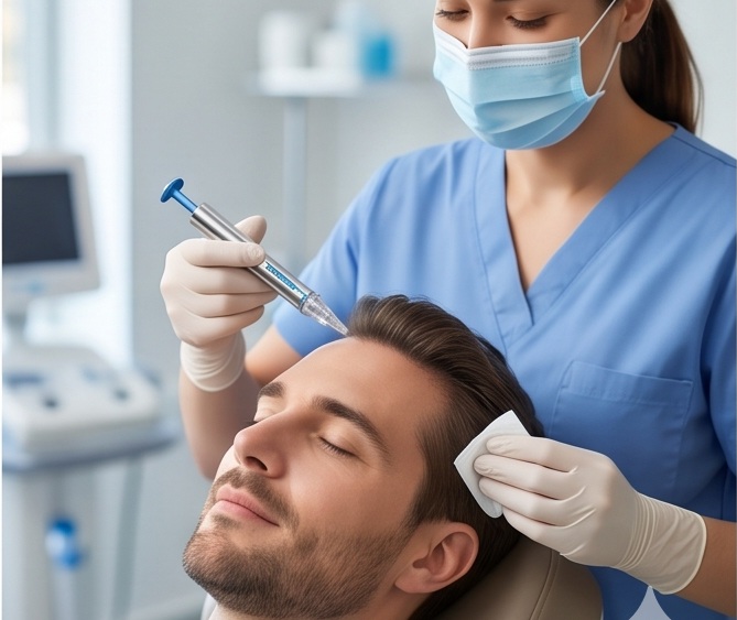 Un professionnel de la santé portant un masque et des gants administrant une anesthésie locale à un patient à l'aide d'un protocole hybride