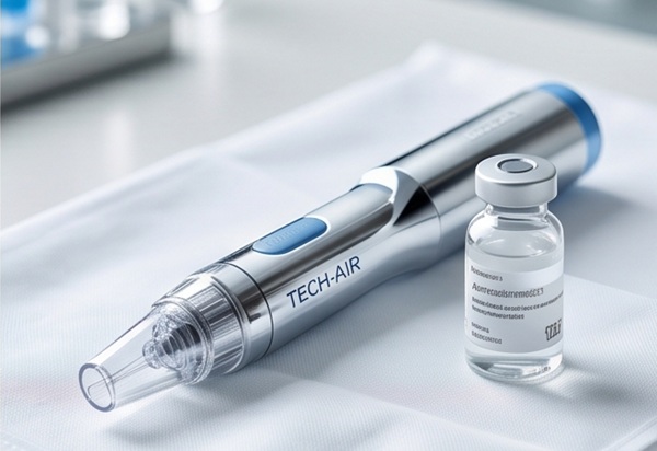 Un stylo injecteur à jet sans aiguille de qualité médicale à côté d'un flacon d'anesthésique local sur un drap blanc stérile
