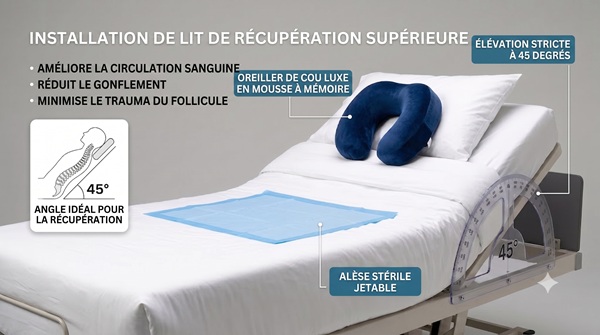 Lit incliné à 45 degrés avec un oreiller de voyage en mousse à mémoire de forme pour la récupération après une greffe de cheveux.