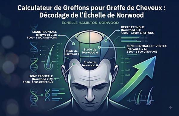 Infographie du calculateur de greffons de cheveux présentant les stades de la calvitie selon l'échelle de Norwood et l'estimation du nombre de follicules