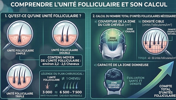 Infographie expliquant l'anatomie d'un greffon capillaire, le nombre de follicules et les variables de calcul chirurgical incluant la surface, la densité et la capacité de la zone donneuse