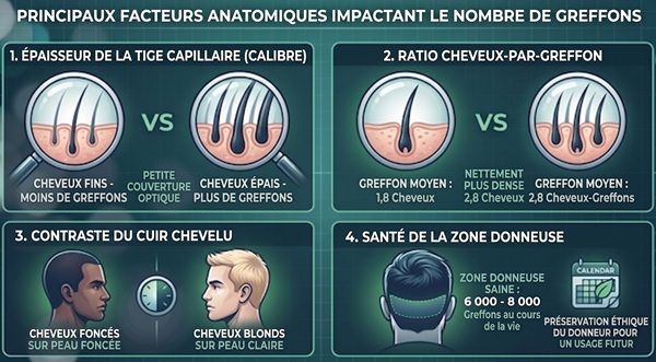 Infographie illustrant les facteurs anatomiques influençant le calcul des greffons capillaires : calibre du cheveu, ratio cheveux par greffon, contraste du cuir chevelu et capacité de la zone donneuse.