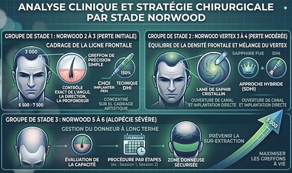 Infographie technique illustrant la stratégie chirurgicale de greffe de cheveux par stade de Norwood : cadrage de la ligne frontale en DHI, approches hybrides en FUE Saphir et gestion à long terme de la zone donneuse pour alopécie avancée.