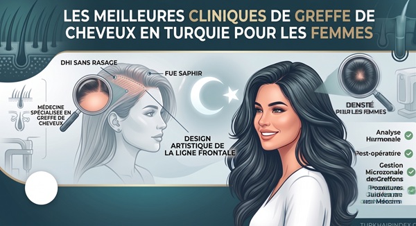Infographie mettant en avant les meilleures cliniques de greffe de cheveux en Turquie pour les femmes, présentant la DHI sans rasage, la FUE Saphir, le dessin de la ligne frontale et l'analyse de la densité féminine.